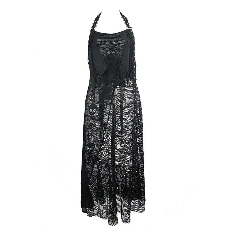 'Beckoning' Punk Distressed Peplum Halter Neck Dress