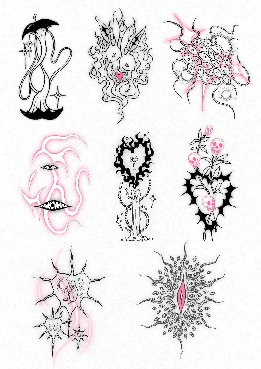 Black Pink Dreamcore Waterproof Temporary Tattoo Stickers