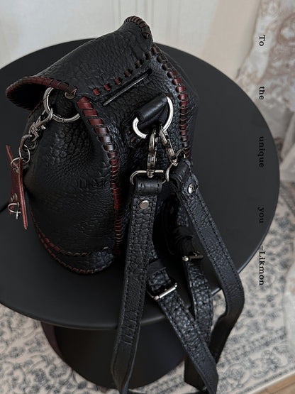 Black Red Top-Grain Leather Backpack