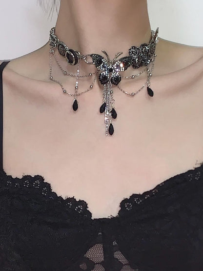 Black Silver Butterfly Tassel Choker