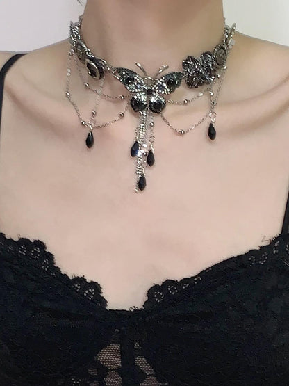 Black Silver Butterfly Tassel Choker