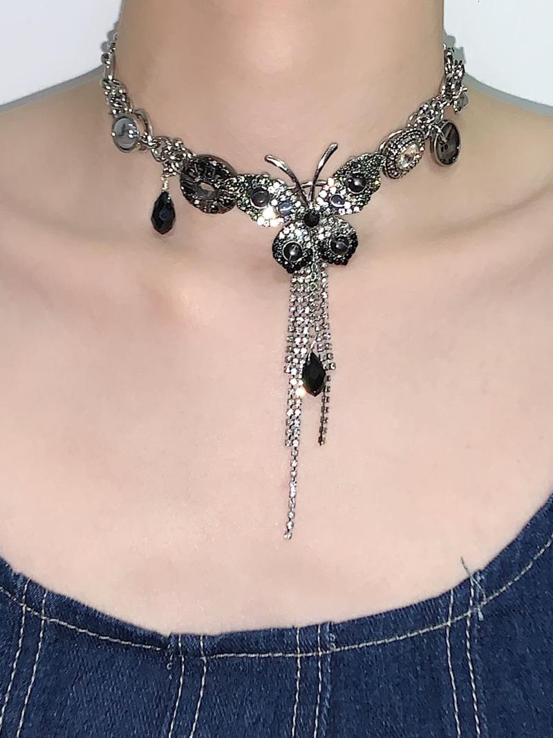 Black Silver Butterfly Tassel Choker