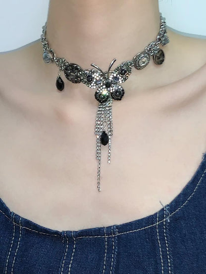 Black Silver Butterfly Tassel Choker