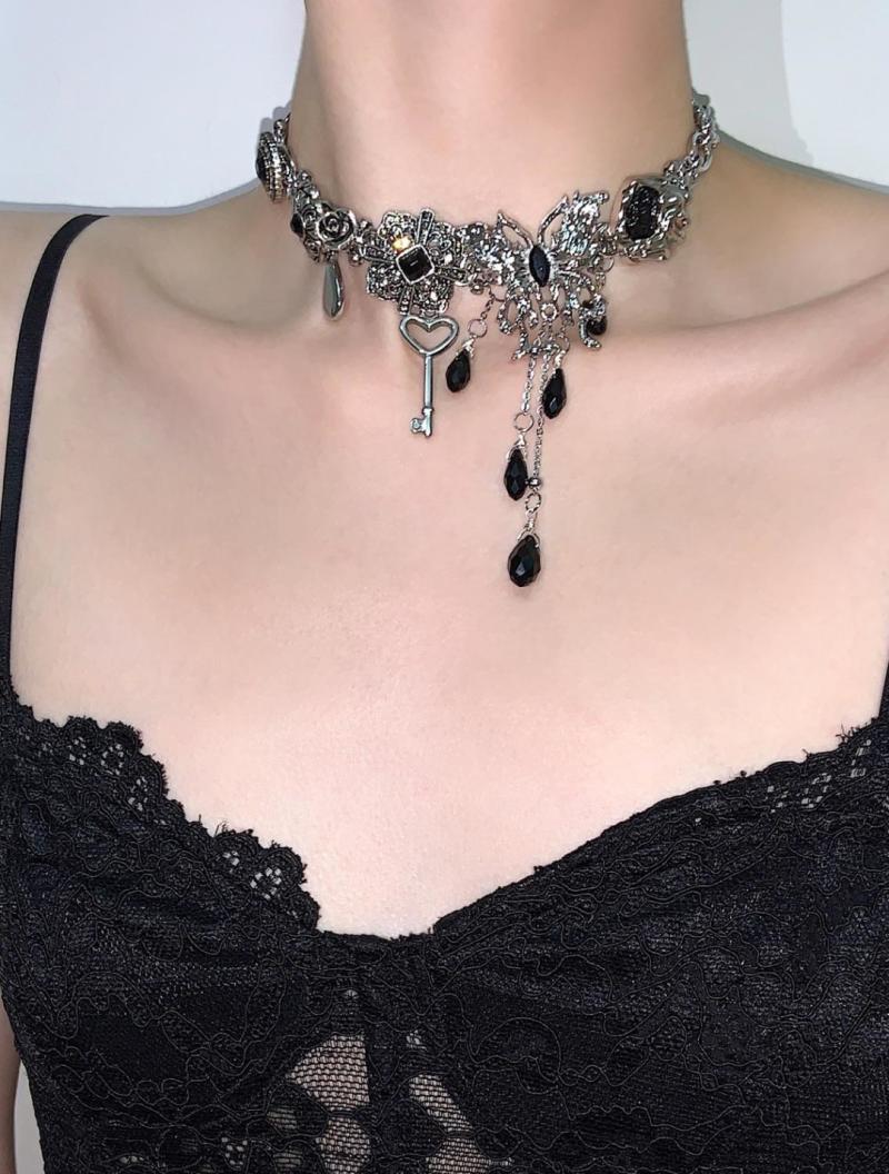 Black Silver Butterfly Tassel Choker