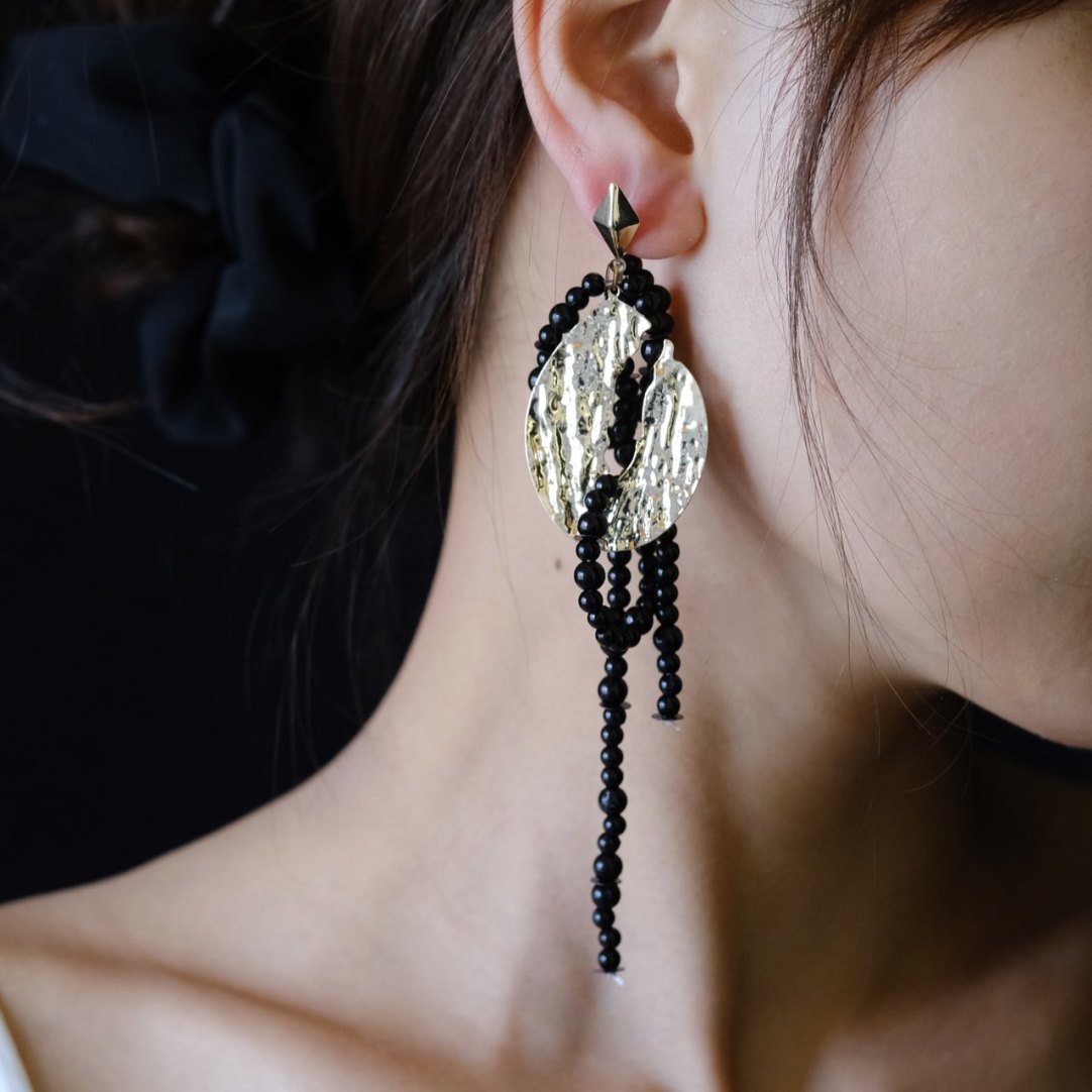 Black Tassel Beaded Earrings