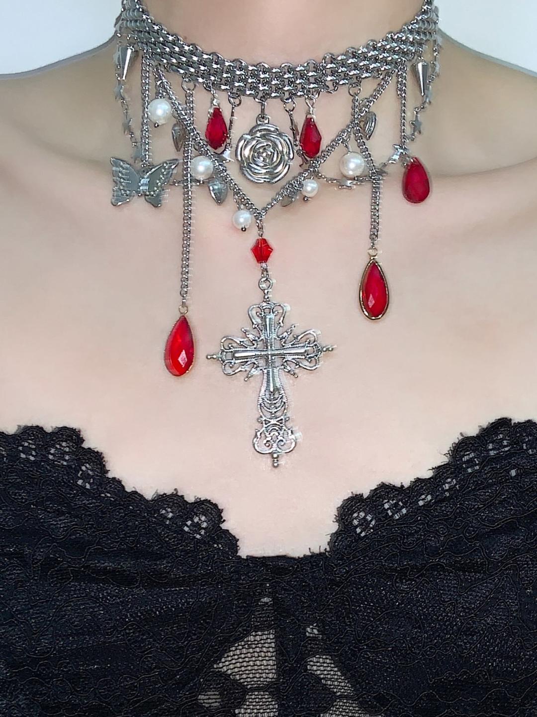 Blood Tear Cross Pendant Layered Choker