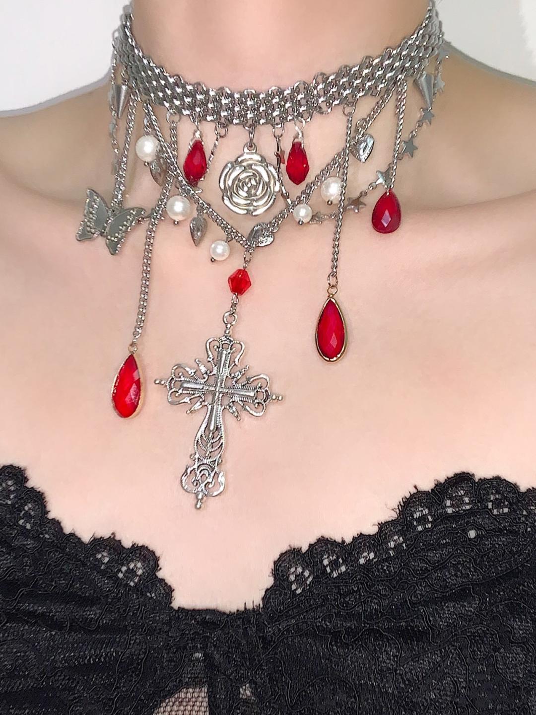 Blood Tear Cross Pendant Layered Choker