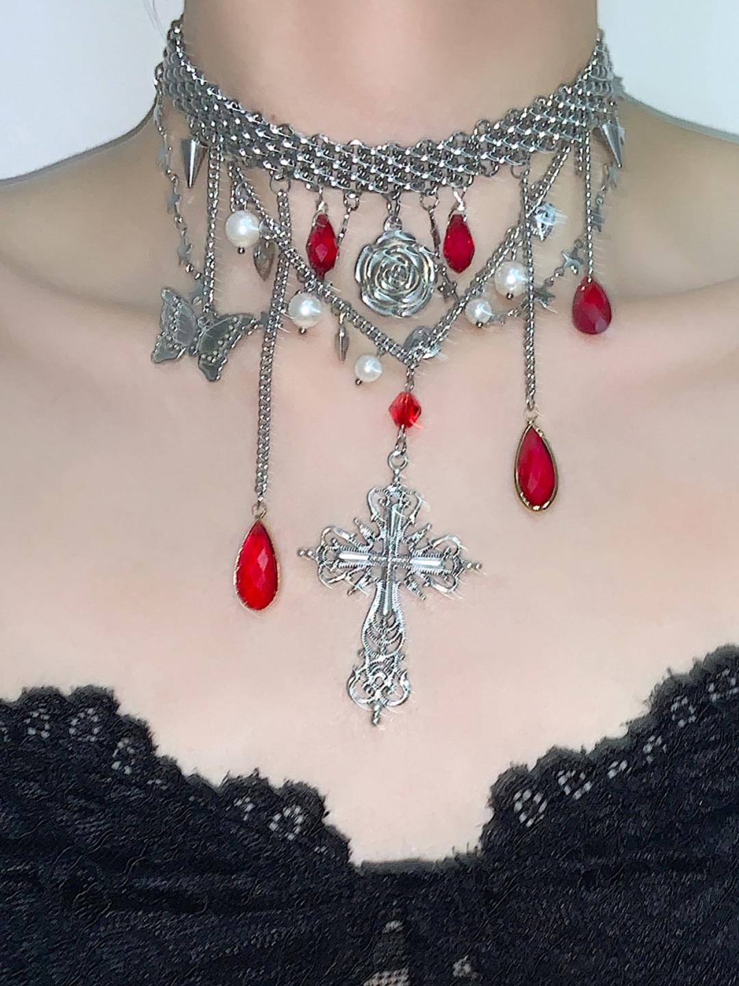 Blood Tear Cross Pendant Layered Choker