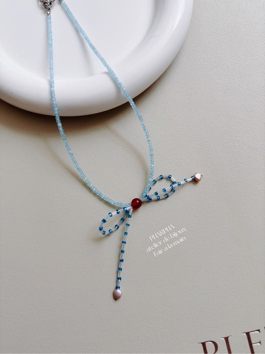 Blue Bow Pearl Beaded Necklace