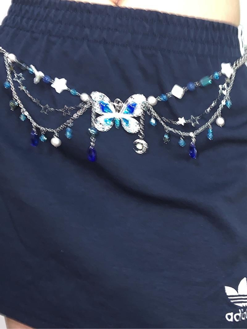 Blue Butterfly Pendant Tassel Necklace Waist Chain