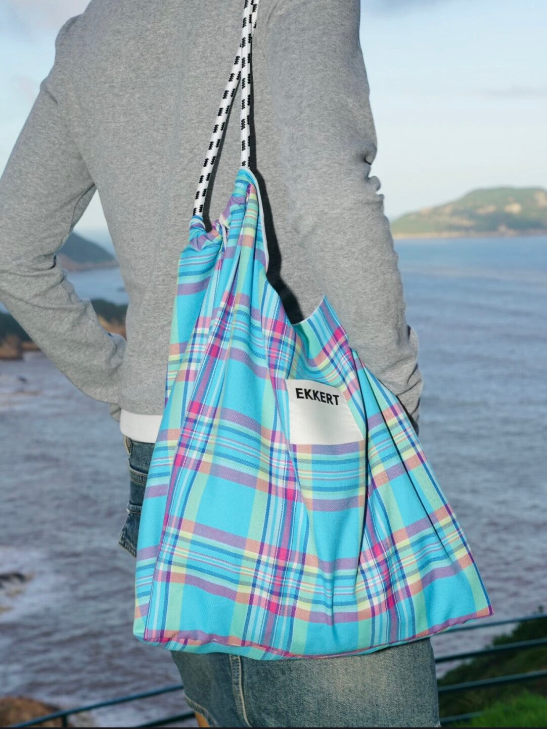 Blue Checkered Drawstring Shoulder Bag