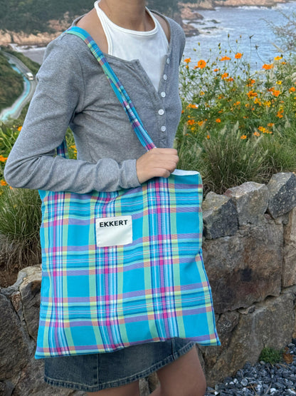 Blue Checkered Drawstring Shoulder Bag