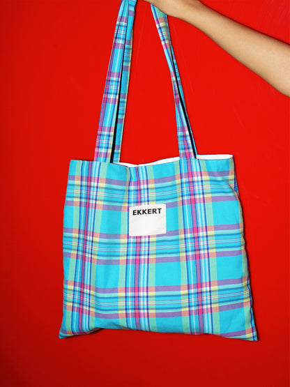 Blue Checkered Drawstring Shoulder Bag