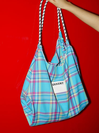 Blue Checkered Drawstring Shoulder Bag