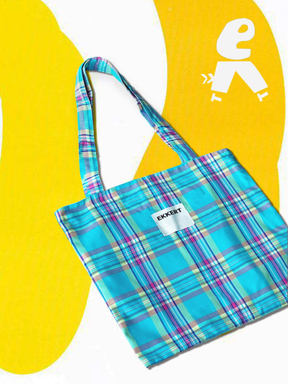 Blue Checkered Drawstring Shoulder Bag