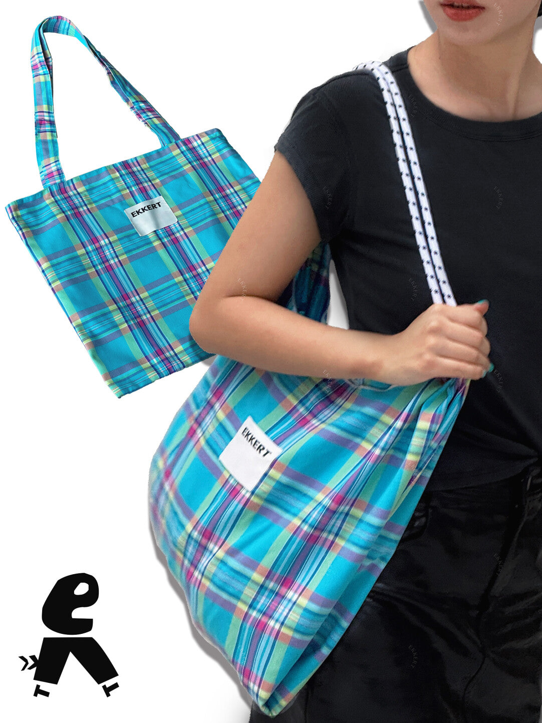 Blue Checkered Drawstring Shoulder Bag