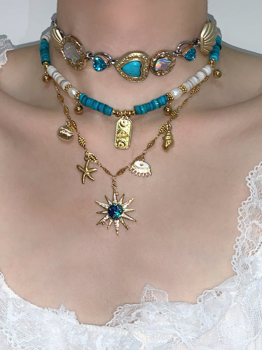 Blue Rhapsody Sun Button Layered Choker Necklace