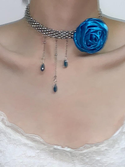 Blue Rose Tassel Choker