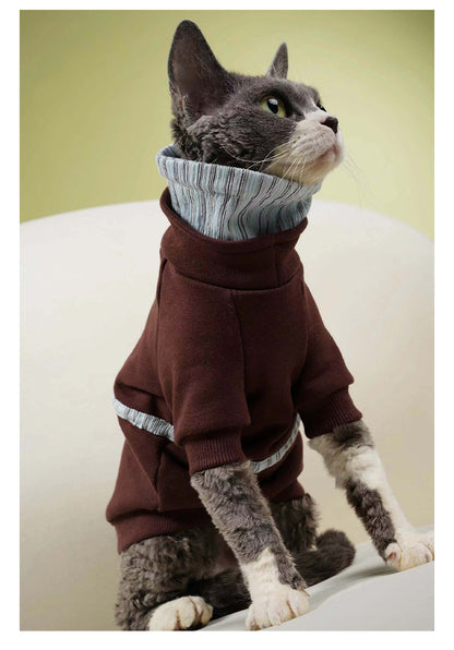 Brown Blue Striped Double Collar Cat Dod Sweatshirt