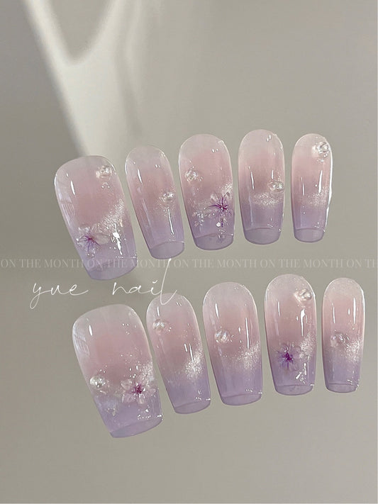 Cateye Flower Purple Press On Nails Set