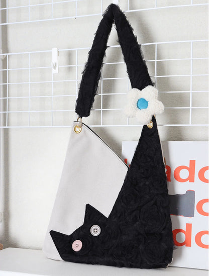 Denim Plush Cat Flower Shoulder Bag