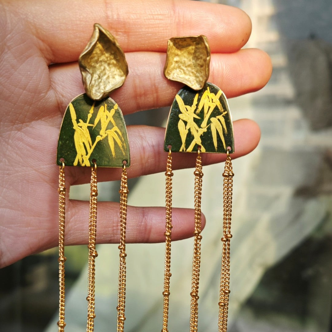 Chinese Lacquer Bamboo Tassel Long Earrings