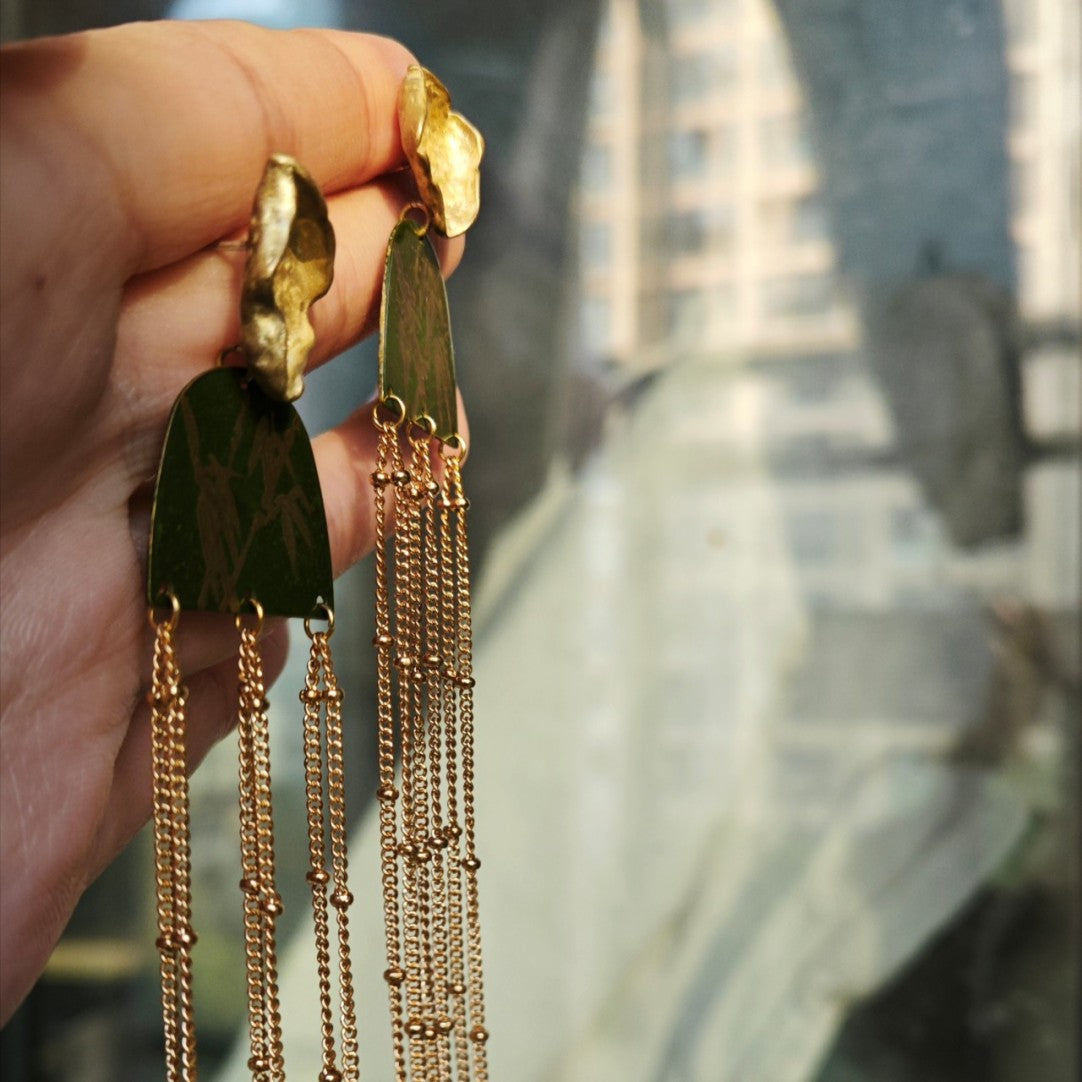 Chinese Lacquer Bamboo Tassel Long Earrings