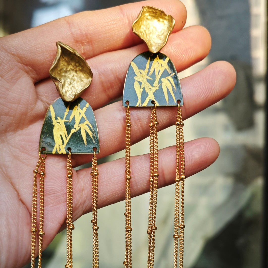 Chinese Lacquer Bamboo Tassel Long Earrings