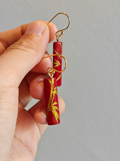 Chinese Lacquer Bamboo Wooden Earrings