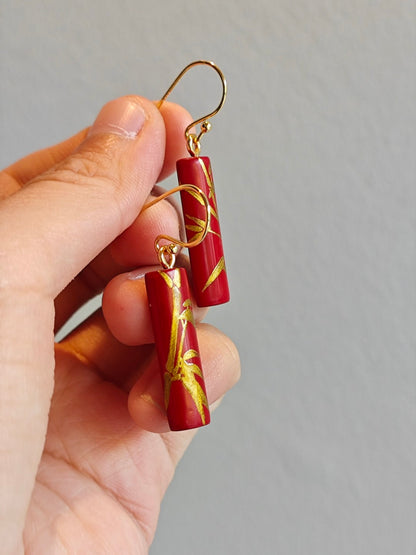 Chinese Lacquer Bamboo Wooden Earrings