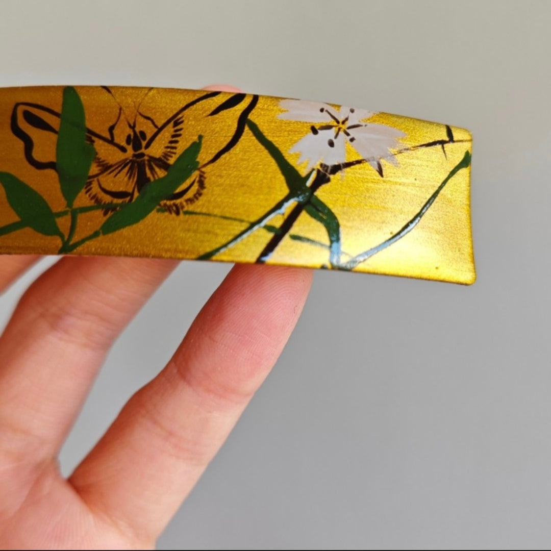 Chinese Lacquer Butterfly Flower Golden Hair Clip