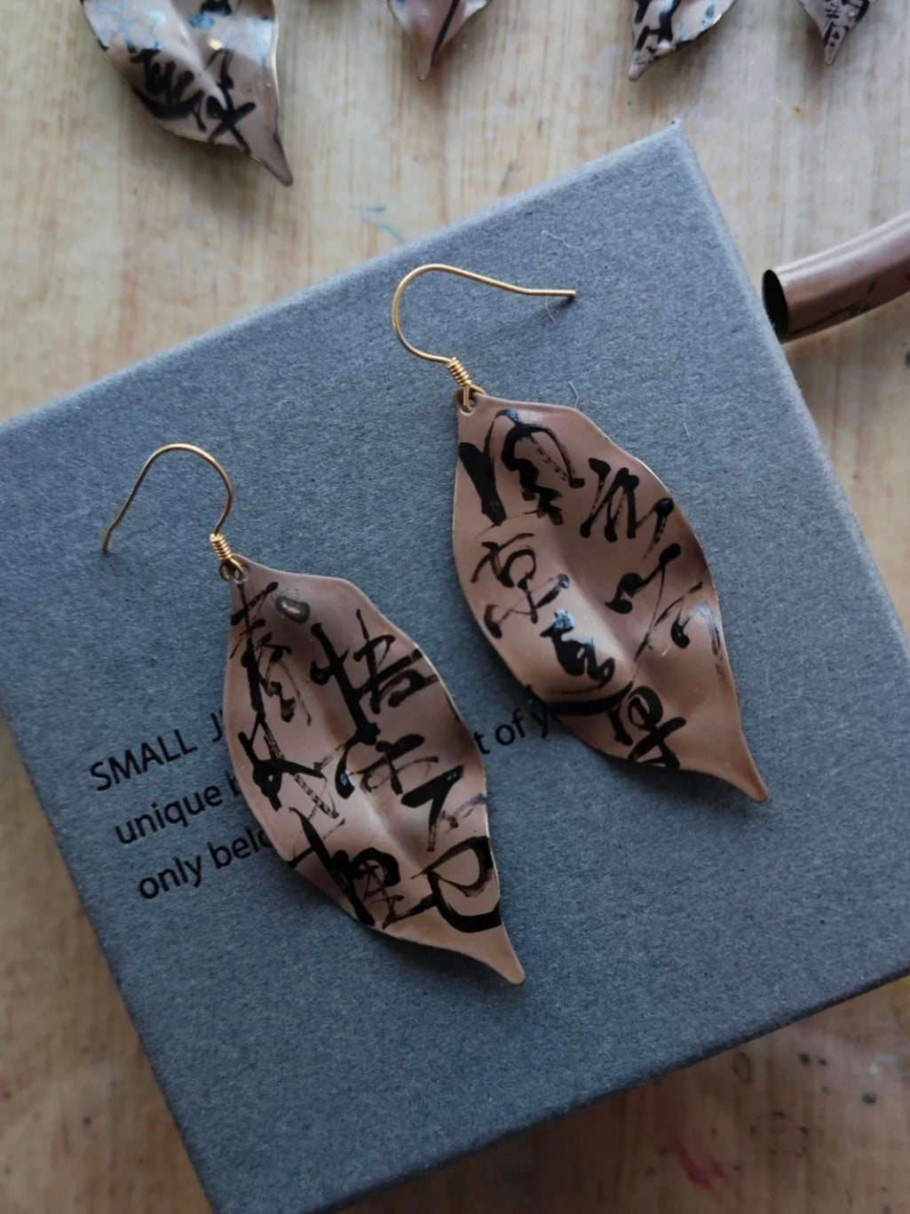 Chinese Lacquer Calligraphy Leaves Earrings