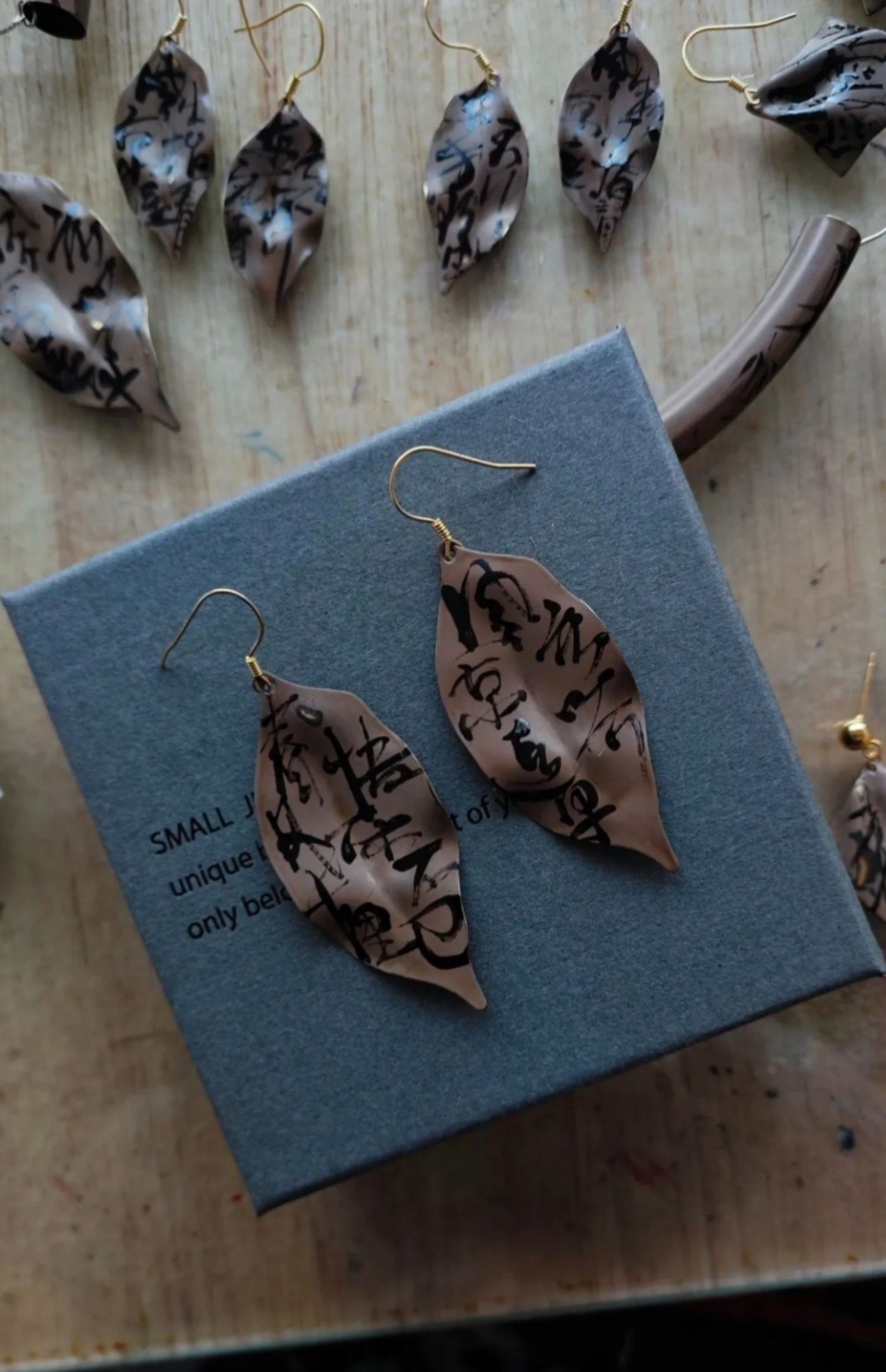 Chinese Lacquer Calligraphy Leaves Earrings