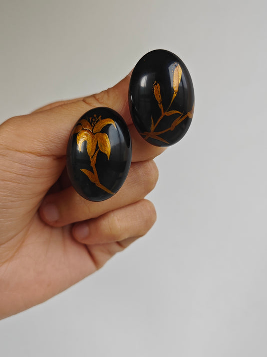 Chinese Lacquer Flower Oval Studs