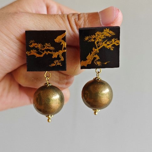 Chinese Lacquer Gold Pine Square Circle Earrings