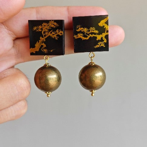 Chinese Lacquer Gold Pine Square Circle Earrings