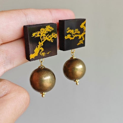 Chinese Lacquer Gold Pine Square Circle Earrings