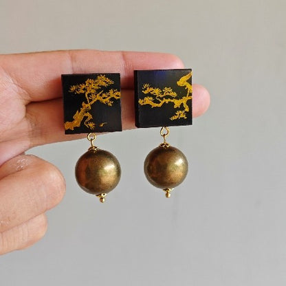 Chinese Lacquer Gold Pine Square Circle Earrings