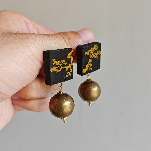 Chinese Lacquer Gold Pine Square Circle Earrings