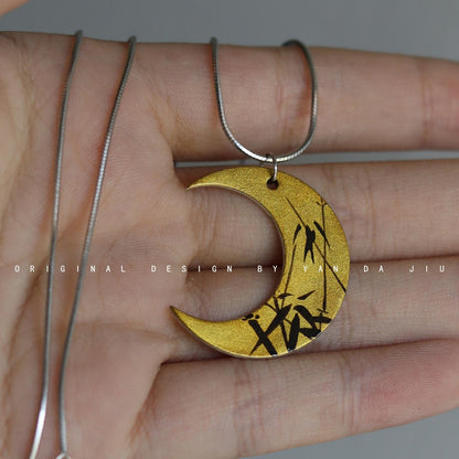 Chinese Lacquer Moon Bamboo Earrings Necklace