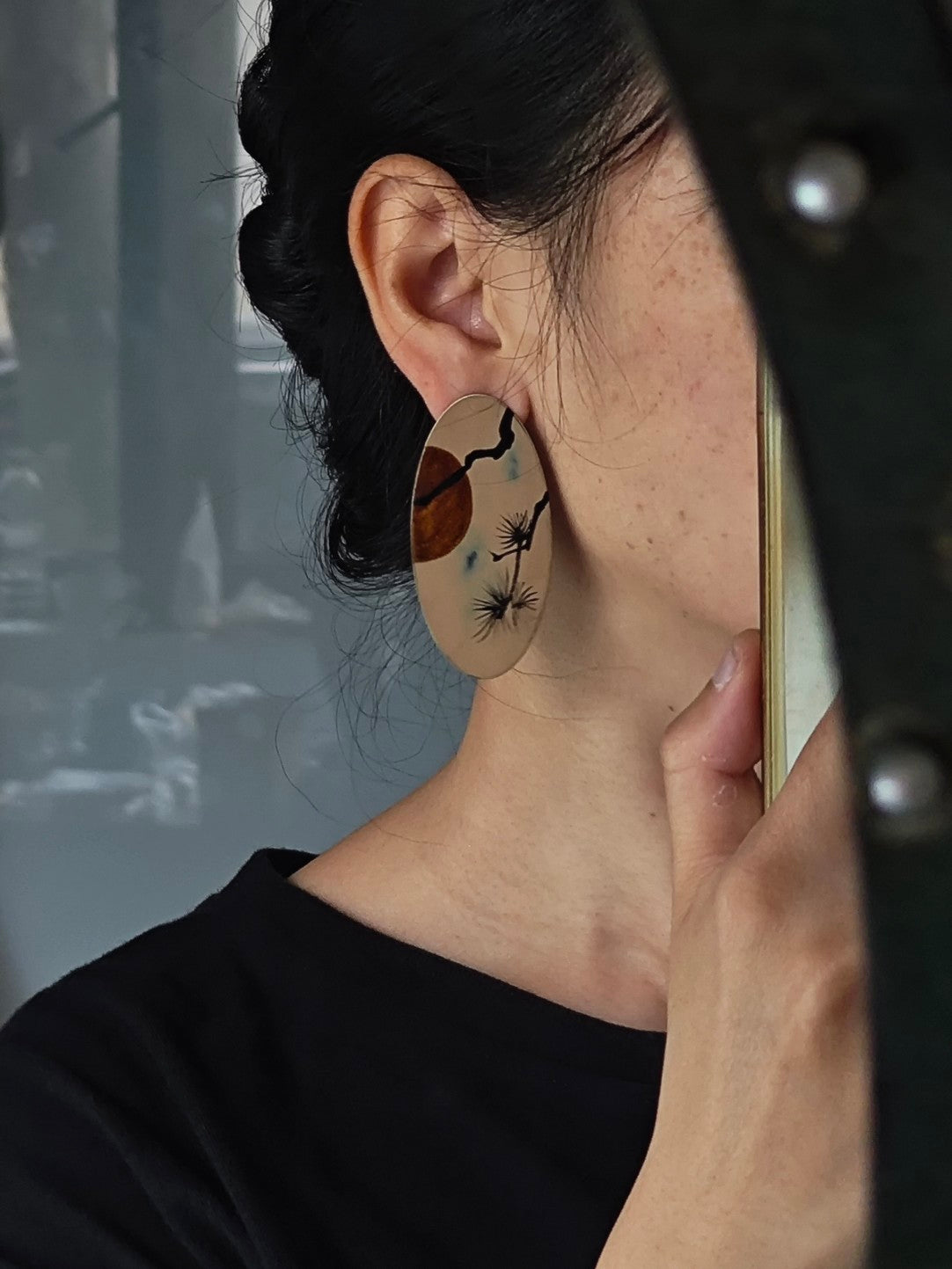 Chinese Lacquer Pine Moon Earrings