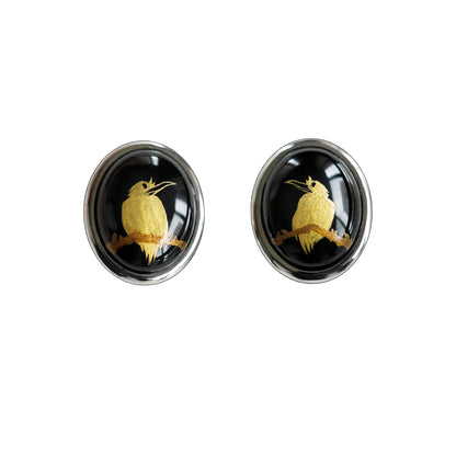 Chinese Lacquer Sparrow Agate Studs