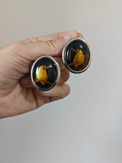 Chinese Lacquer Sparrow Agate Studs