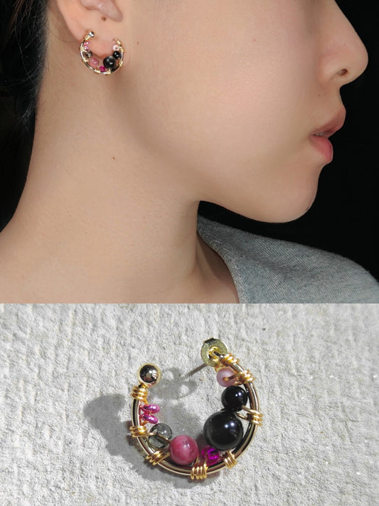 Black Pink Beaded Metal Earrings