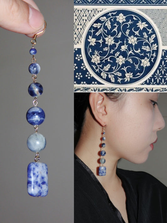 「Chinoiserie」Blue Beaded Drop Earrings