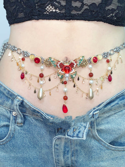 [Chinoiserie] Butterfly Pendant Tassel Layered Necklace Waist Chain