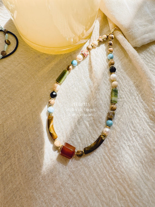 「Chinoiserie」 Dunhuang Agate Pearl Beaded Necklace