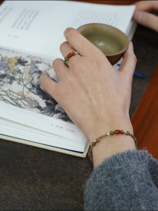 「Chinoiserie」Exotic Agate Beaded Bracelet Ring