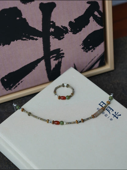 「Chinoiserie」Exotic Agate Beaded Bracelet Ring