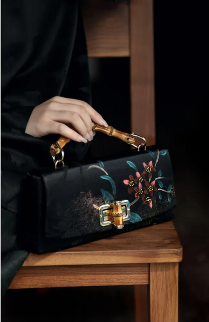 [Chinoiserie] Flower Bamboo Handle Silk Clutch Bag